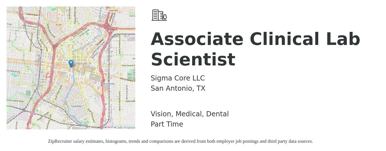 Sigma Core LLC job posting for a Associate Clinical Lab Scientist in San Antonio, TX with a salary of $53,200 to $107,300 Yearly and benefits including pto, retirement, vision, dental, life_insurance, and medical with a map of San Antonio location.