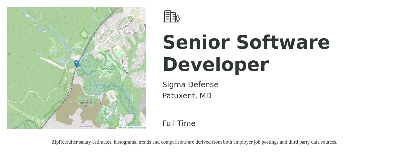 Sigma Defense job posting for a Senior Software Developer in Patuxent, MD with a salary of $62 to $81 Hourly with a map of Patuxent location.