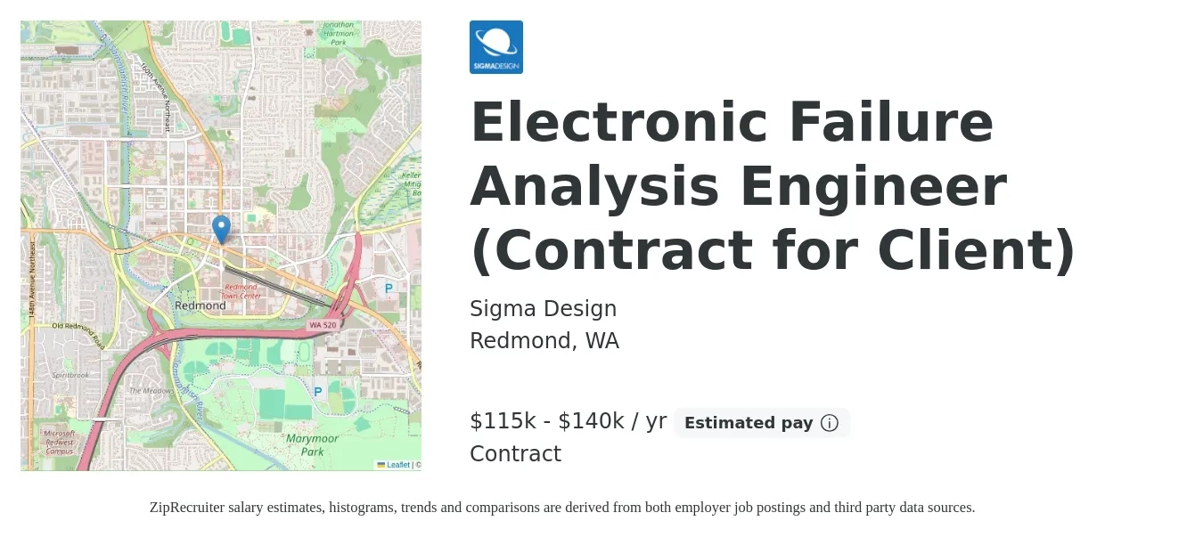 Sigma Design job posting for a Electronic Failure Analysis Engineer (Contract for Client) in Redmond, WA with a salary of $115,000 to $140,000 Yearly with a map of Redmond location.