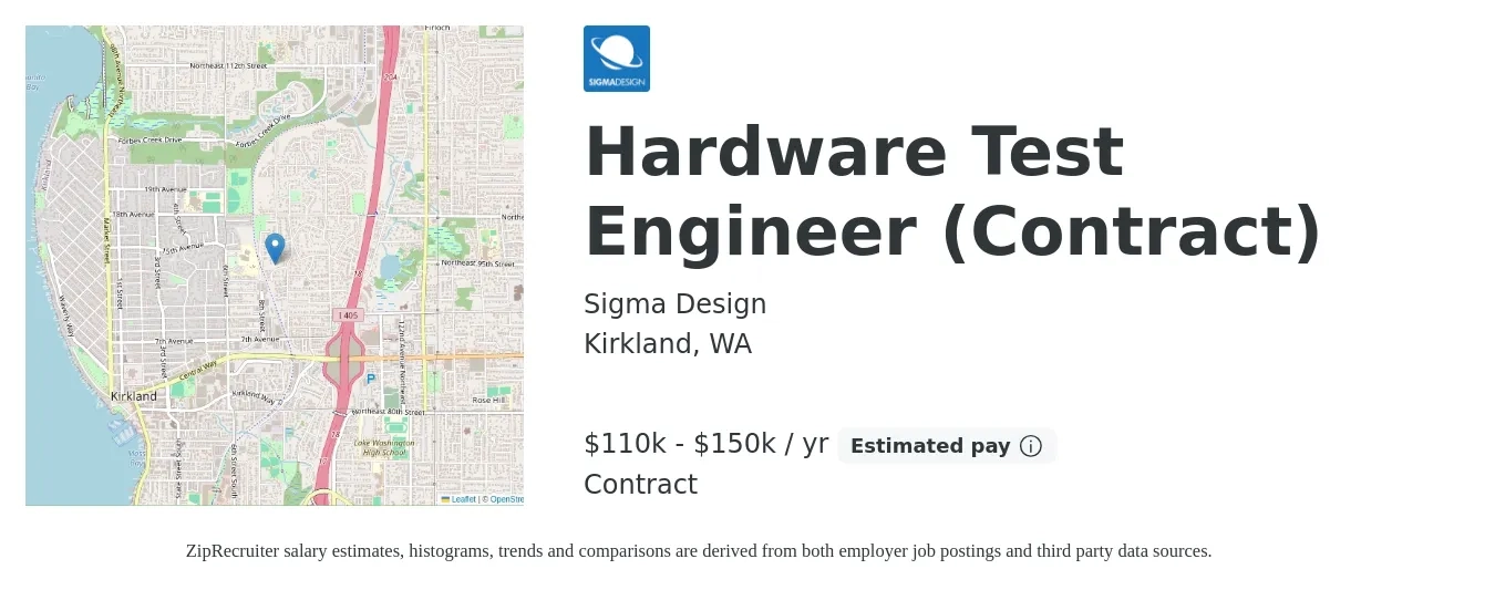 Sigma Design job posting for a Hardware Test Engineer (Contract) in Kirkland, WA with a salary of $110,000 to $150,000 Yearly with a map of Kirkland location.