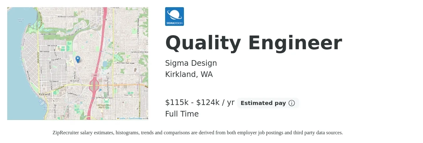 Sigma Design job posting for a Quality Engineer in Kirkland, WA with a salary of $115,000 to $124,000 Yearly with a map of Kirkland location.