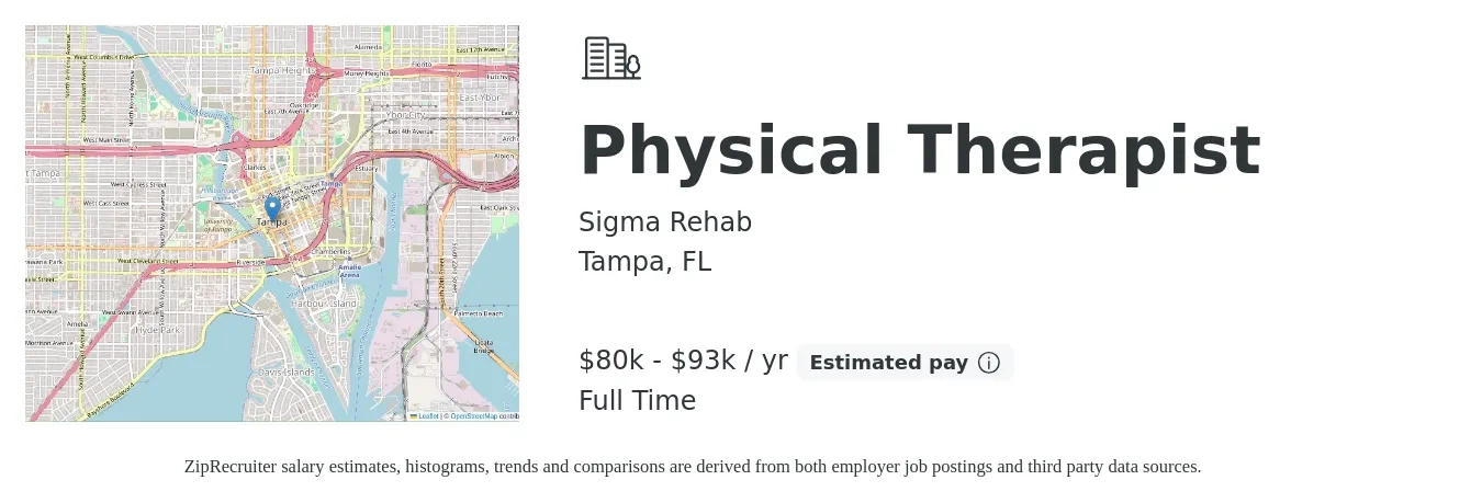 Sigma Rehab job posting for a Physical Therapist in Tampa, FL with a salary of $1,570 to $2,030 Weekly with a map of Tampa location.