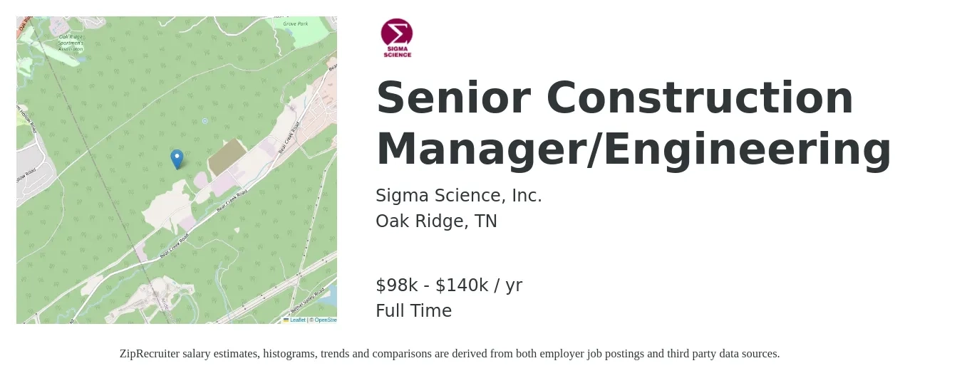 Sigma Science, Inc. job posting for a Senior Construction Manager/Engineering in Oak Ridge, TN with a salary of $98,000 to $140,000 Yearly with a map of Oak Ridge location.