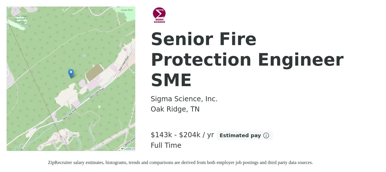 Sigma Science, Inc. job posting for a Senior Fire Protection Engineer SME in Oak Ridge, TN with a salary of $143,124 to $204,464 Yearly with a map of Oak Ridge location.