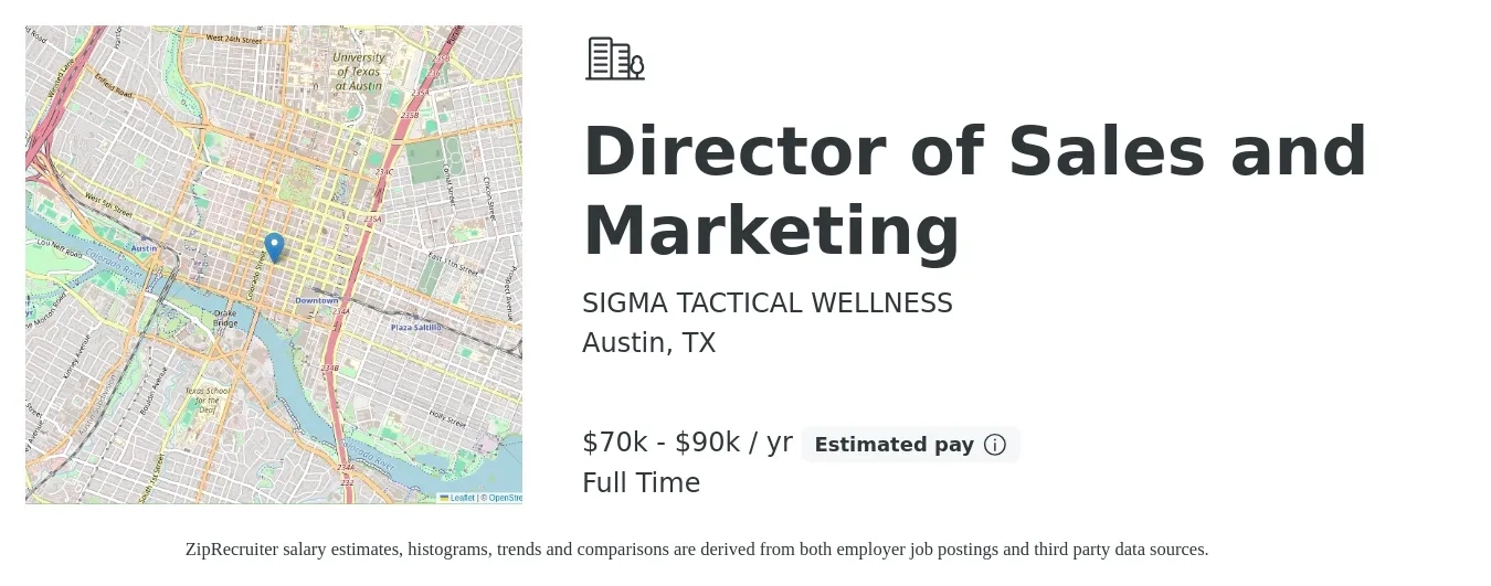 SIGMA TACTICAL WELLNESS job posting for a Director of Sales and Marketing in Austin, TX with a salary of $80,000 to $90,000 Yearly with a map of Austin location.
