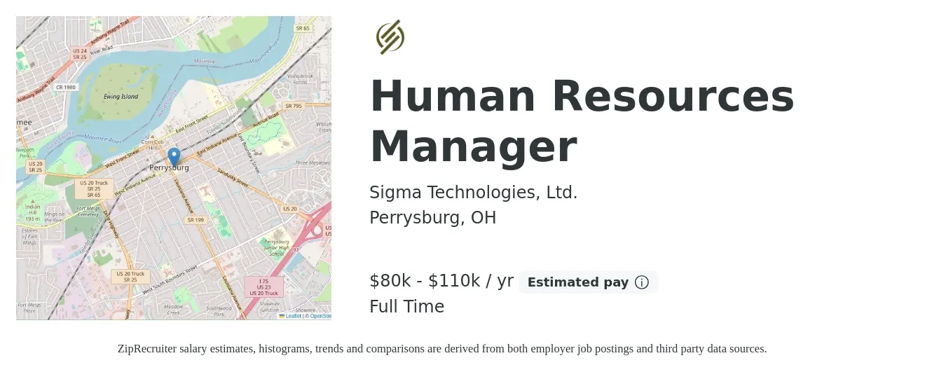 Sigma Technologies, Ltd. job posting for a Human Resources Manager in Perrysburg, OH with a salary of $80,000 to $110,000 Yearly with a map of Perrysburg location.