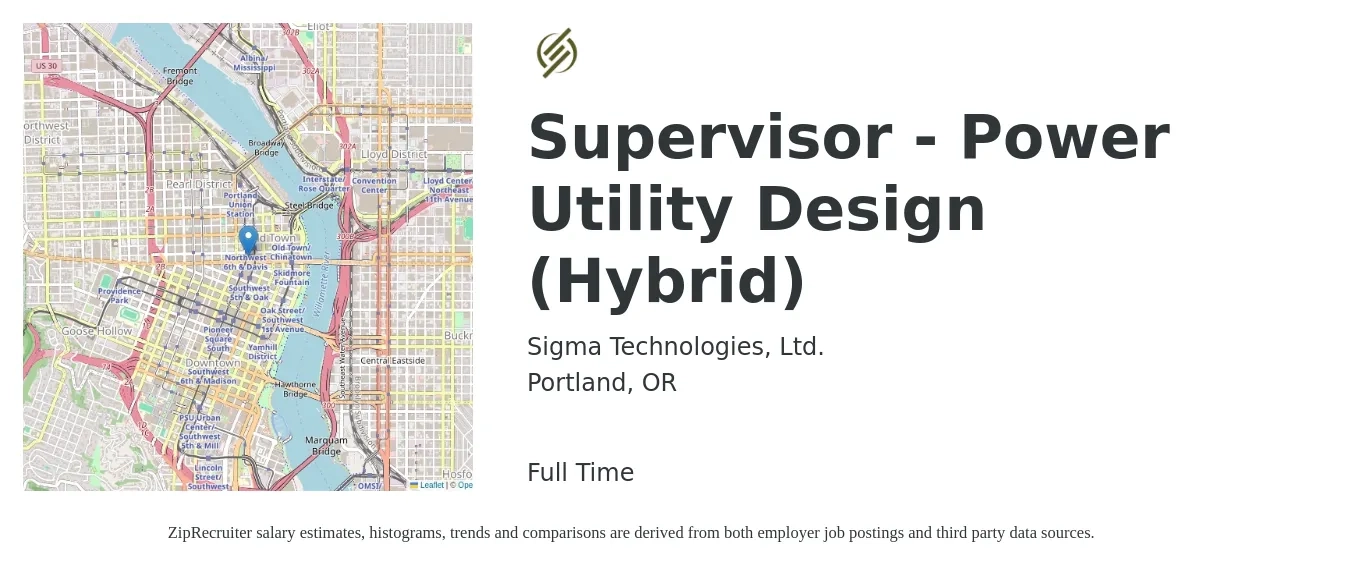 Sigma Technologies, Ltd. job posting for a Supervisor - Power Utility Design (Hybrid) in Portland, OR with a map of Portland location.