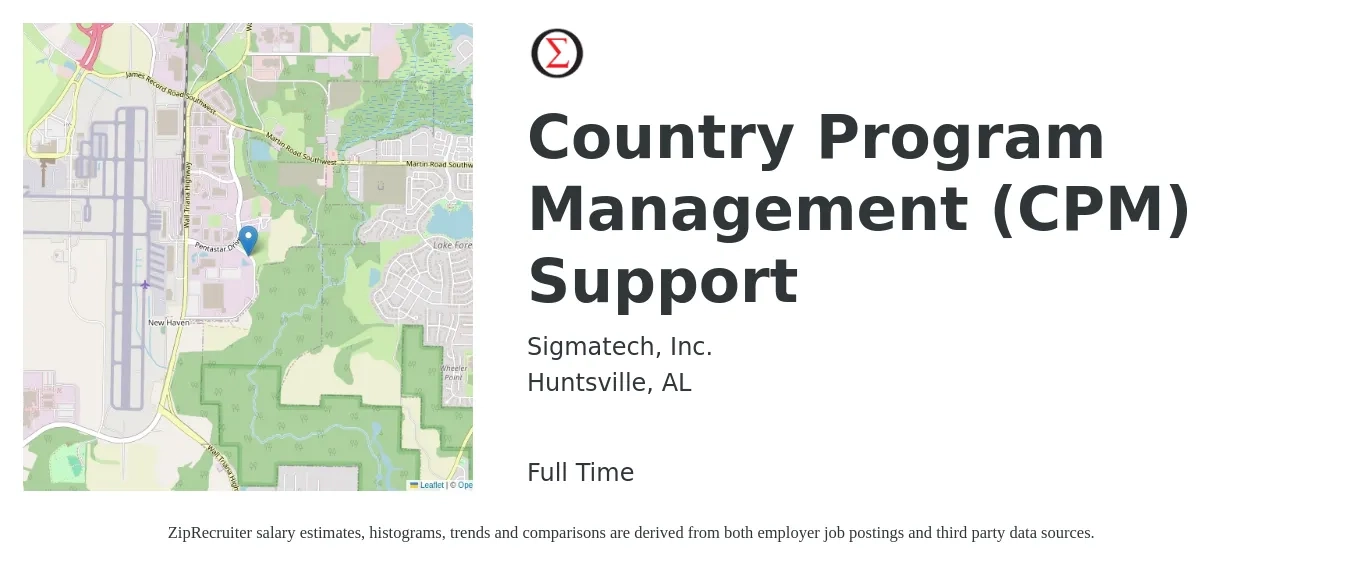 Sigmatech, Inc. job posting for a Country Program Management (CPM) Support in Huntsville, AL with a salary of $46,800 to $86,500 Yearly with a map of Huntsville location.