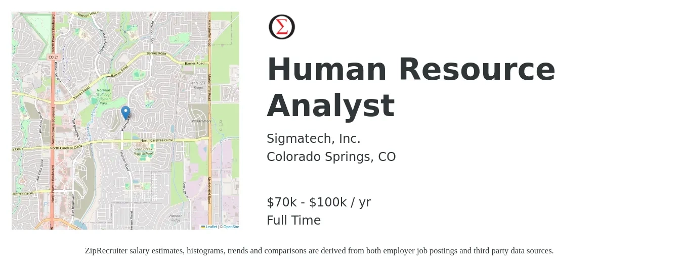 Sigmatech, Inc. job posting for a Human Resource Analyst in Colorado Springs, CO with a salary of $70,000 to $100,000 Yearly with a map of Colorado Springs location.