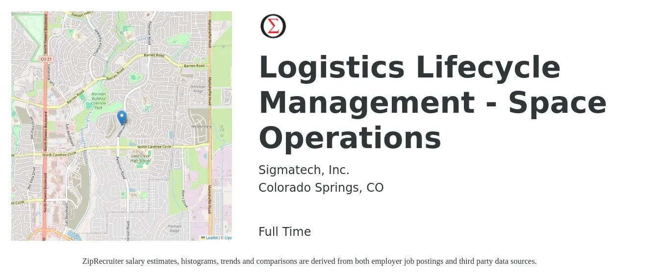 Sigmatech, Inc. job posting for a Logistics Lifecycle Management - Space Operations in Colorado Springs, CO with a salary of $63,700 to $100,700 Yearly with a map of Colorado Springs location.