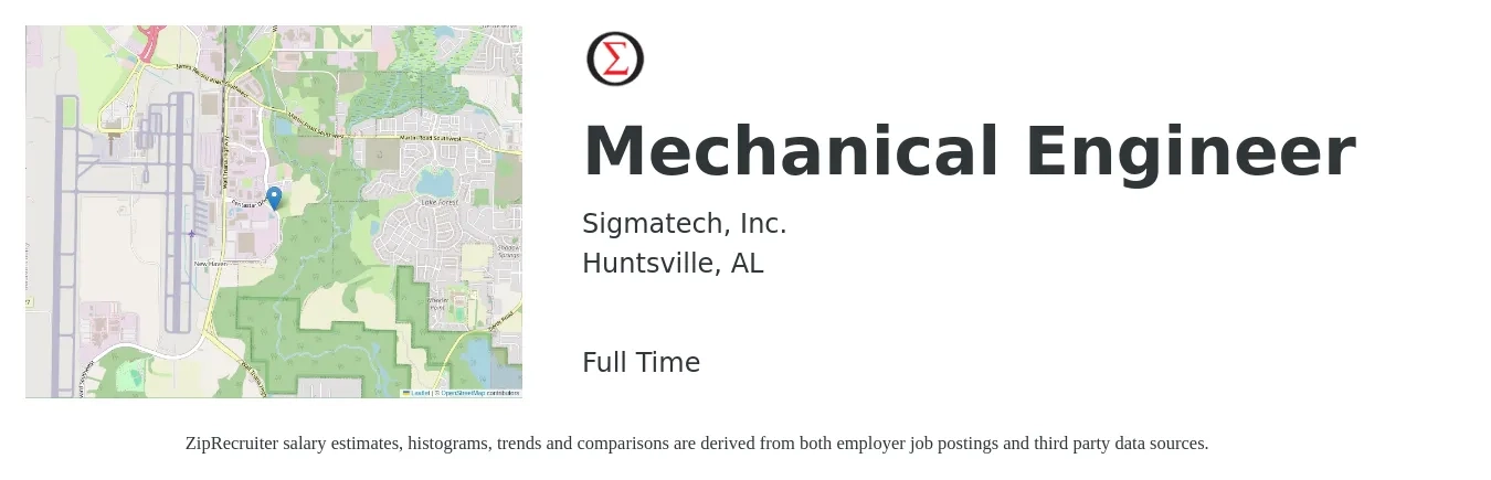 Sigmatech, Inc. job posting for a Mechanical Engineer in Huntsville, AL with a salary of $75,900 to $117,900 Yearly with a map of Huntsville location.