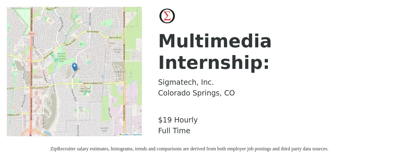 Sigmatech, Inc. job posting for a Multimedia Internship: in Colorado Springs, CO with a salary of $20 Hourly with a map of Colorado Springs location.