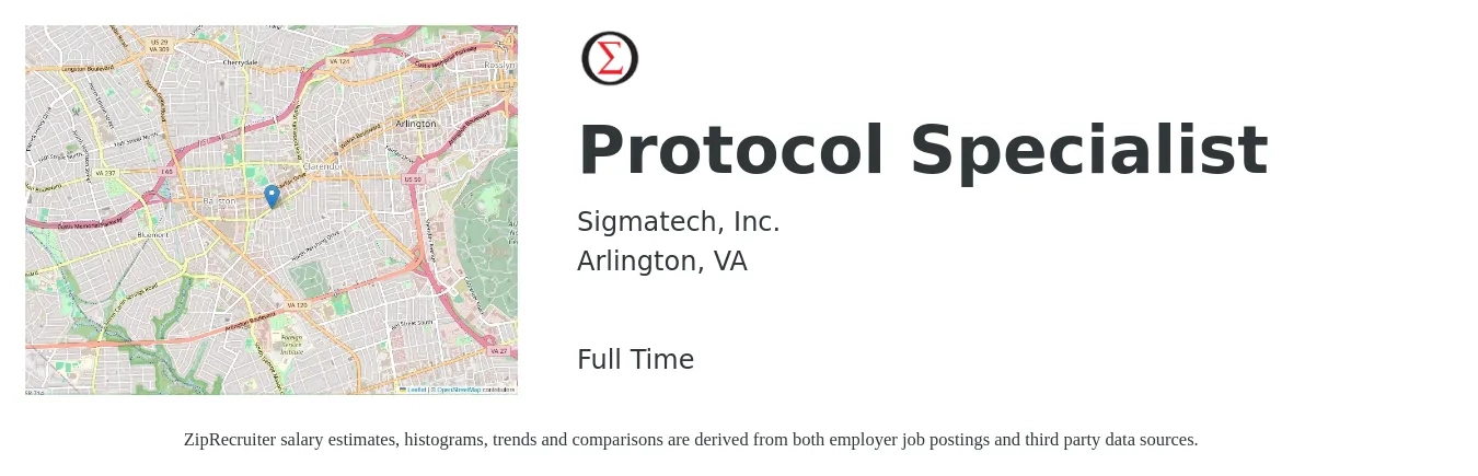 Sigmatech, Inc. job posting for a Protocol Specialist in Arlington, VA with a salary of $36 to $46 Hourly with a map of Arlington location.
