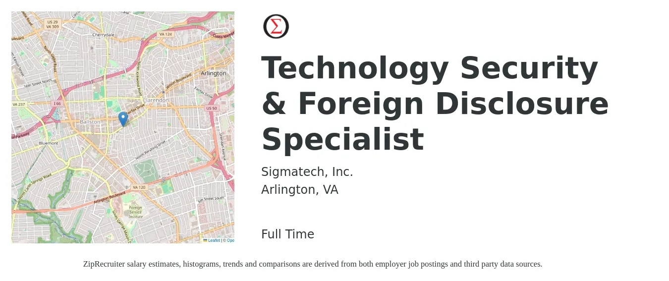 Sigmatech, Inc. job posting for a Technology Security & Foreign Disclosure Specialist in Arlington, VA with a salary of $80,000 to $133,100 Yearly with a map of Arlington location.