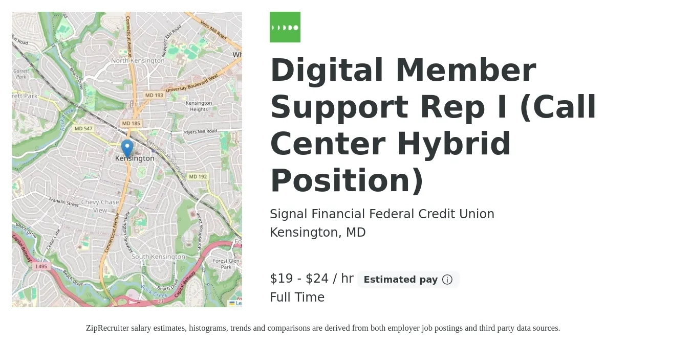 Signal Financial Federal Credit Union job posting for a Digital Member Support Rep I (Call Center Hybrid Position) in Kensington, MD with a salary of $20 to $25 Hourly with a map of Kensington location.
