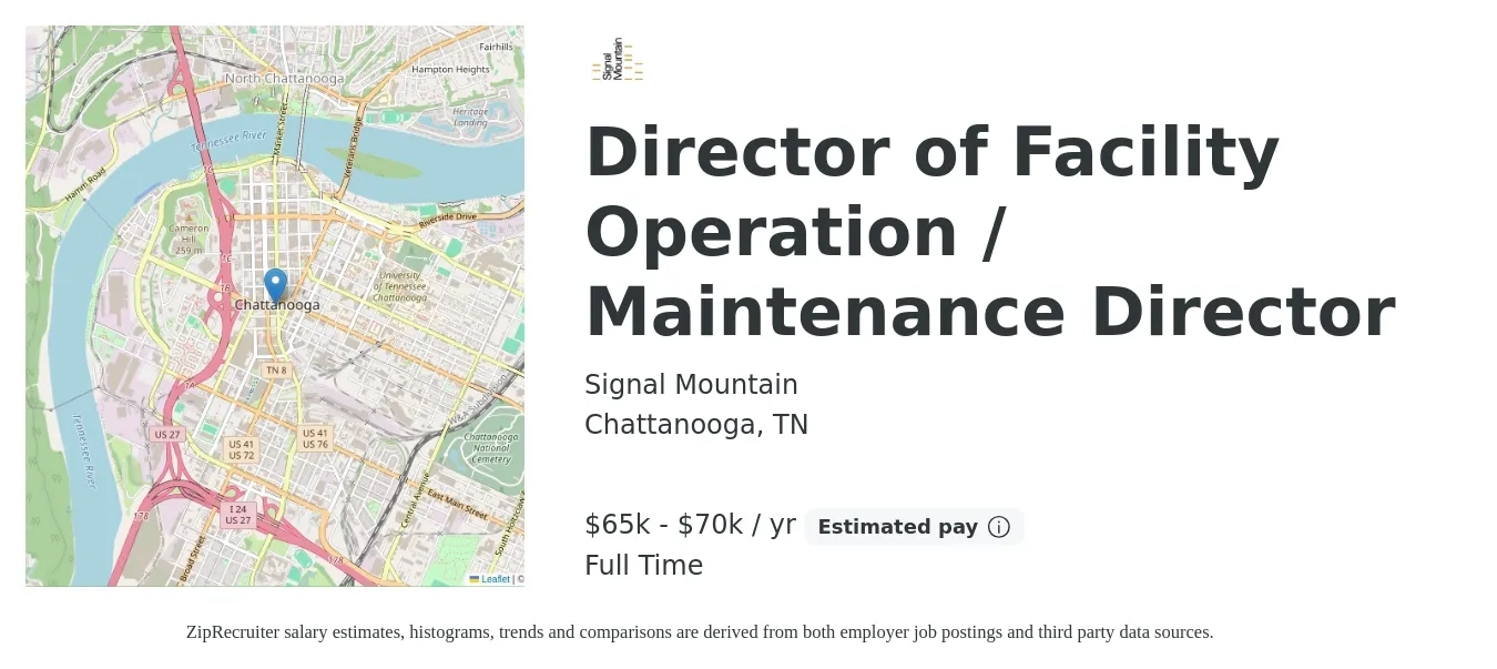 Signal Mountain job posting for a Director of Facility Operation / Maintenance Director in Chattanooga, TN with a salary of $65,000 to $70,000 Yearly with a map of Chattanooga location.