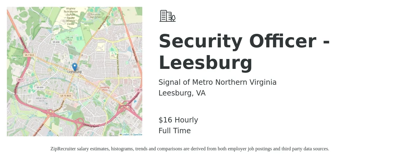 Signal of Metro Northern Virginia job posting for a Security Officer - Leesburg in Leesburg, VA with a salary of $18 Hourly with a map of Leesburg location.