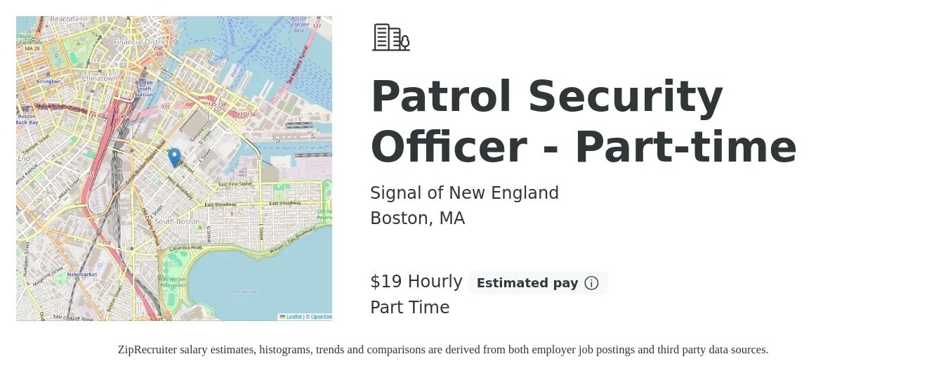 Signal of New England job posting for a Patrol Security Officer - Part-time in Boston, MA with a salary of $20 Hourly with a map of Boston location.