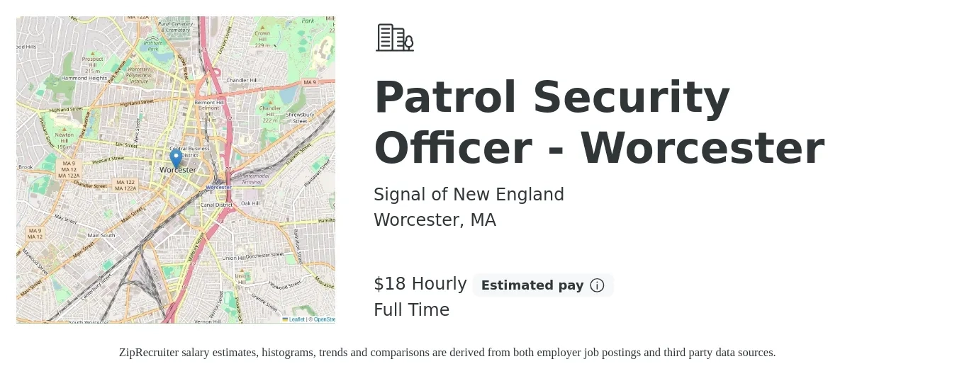 Signal of New England job posting for a Patrol Security Officer - Worcester in Worcester, MA with a salary of $20 Hourly with a map of Worcester location.
