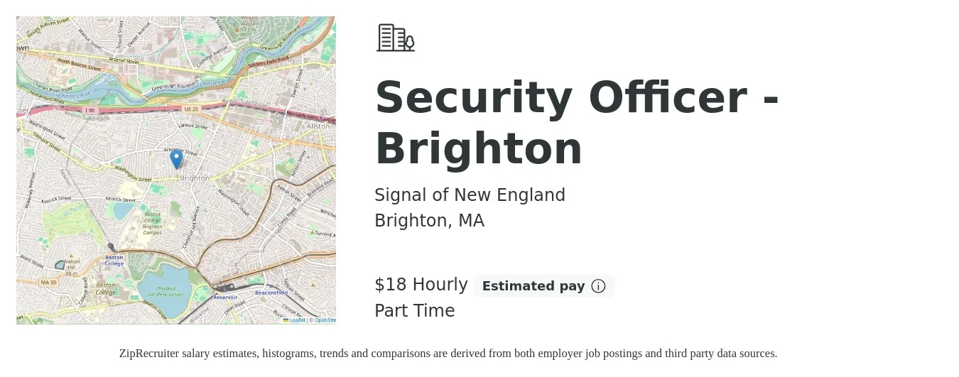 Signal of New England job posting for a Security Officer - Brighton in Brighton, MA with a salary of $19 Hourly with a map of Brighton location.