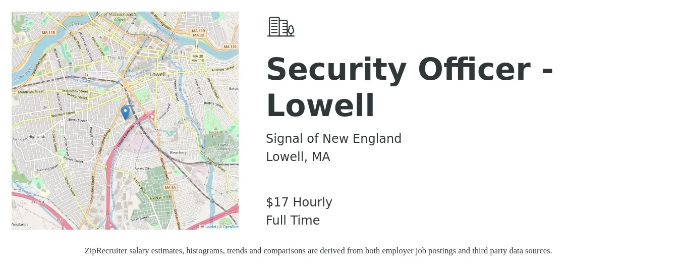 Signal of New England job posting for a Security Officer - Lowell in Lowell, MA with a salary of $18 Hourly with a map of Lowell location.