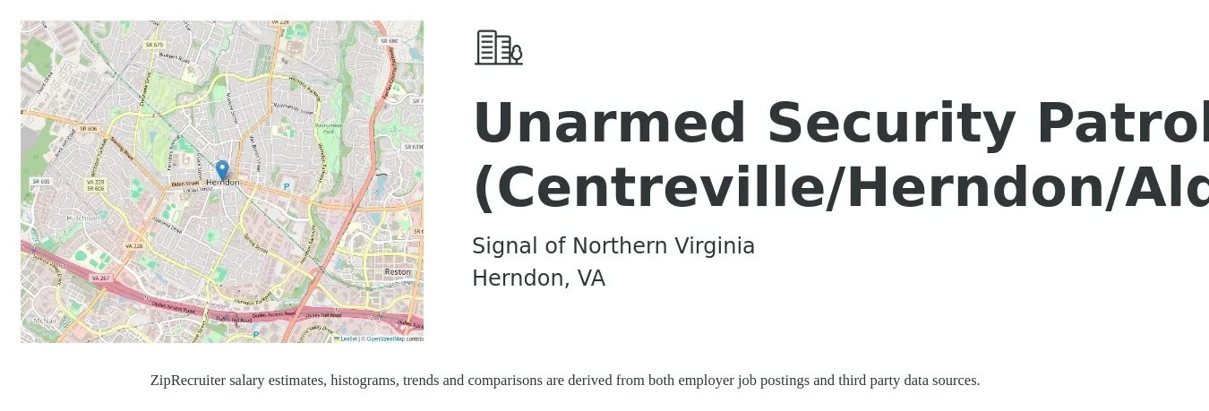Signal of Northern Virginia job posting for a Unarmed Security Patrol Officer (Centreville/Herndon/Aldie/Manassas) in Herndon, VA with a salary of $16 to $20 Hourly with a map of Herndon location.