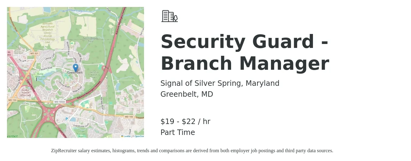 Signal of Silver Spring, Maryland job posting for a Security Guard - Branch Manager in Greenbelt, MD with a salary of $20 to $24 Hourly with a map of Greenbelt location.