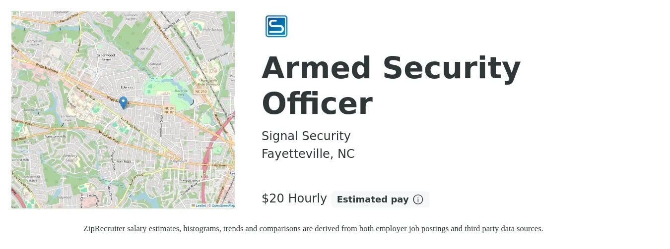 Signal Security job posting for a Armed Security Officer in Fayetteville, NC with a salary of $21 Hourly with a map of Fayetteville location.