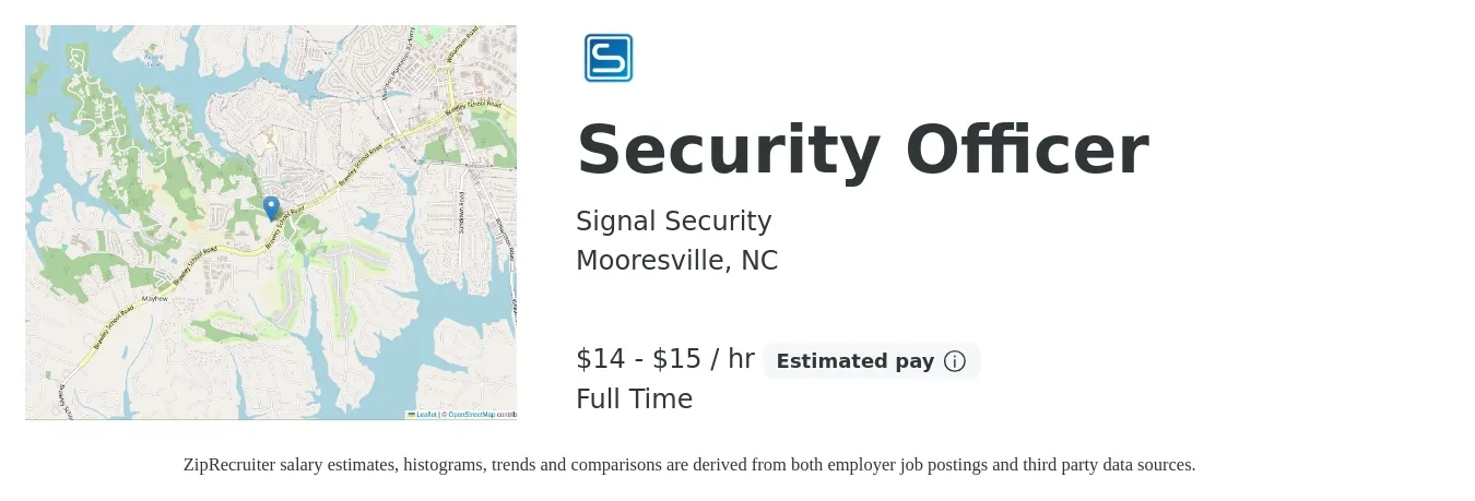 Signal Security job posting for a Security Officer in Mooresville, NC with a salary of $15 to $16 Hourly with a map of Mooresville location.