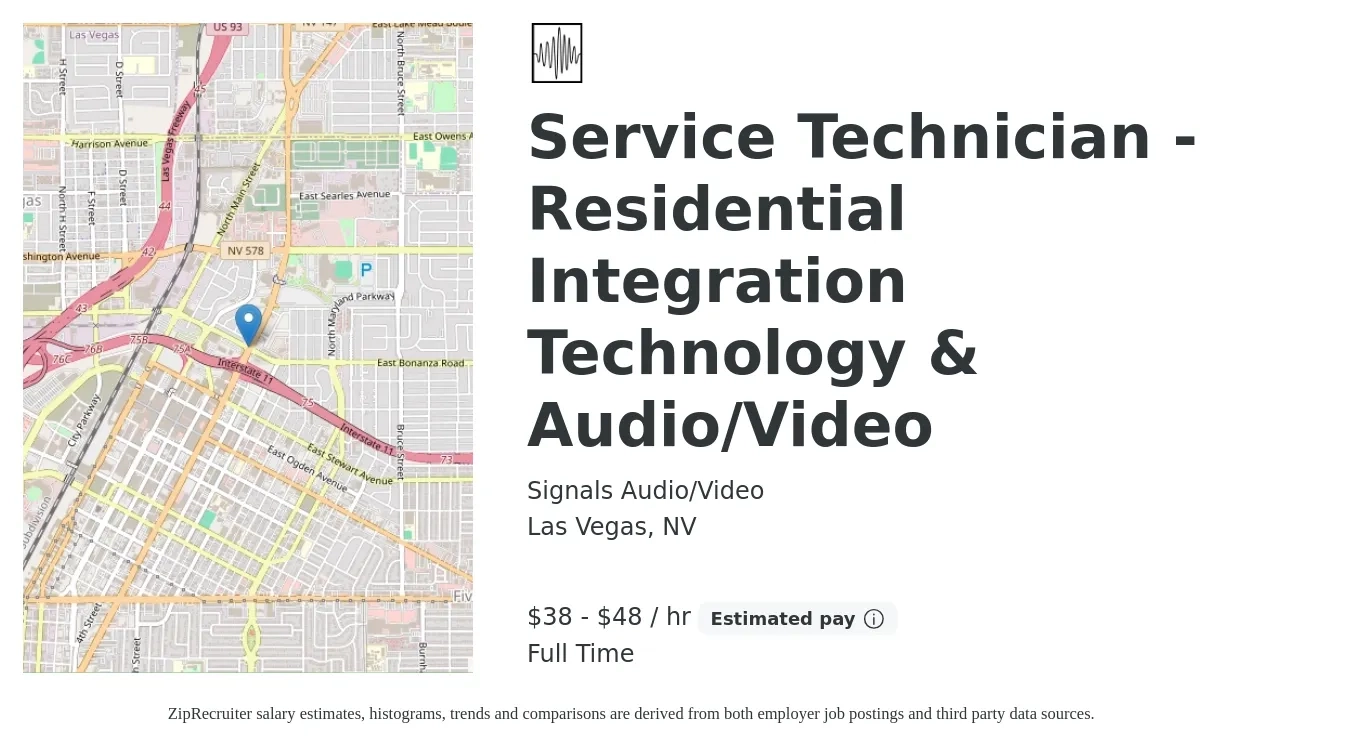 Signals Audio/Video job posting for a Service Technician - Residential Integration Technology & Audio/Video in Las Vegas, NV with a salary of $40 to $50 Hourly with a map of Las Vegas location.