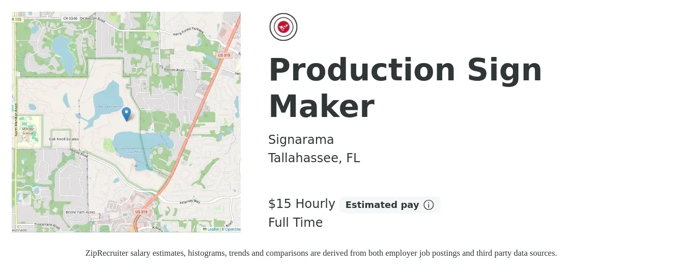 Signarama job posting for a Production Sign Maker in Tallahassee, FL with a salary of $16 Hourly (plus commission) and benefits including retirement with a map of Tallahassee location.