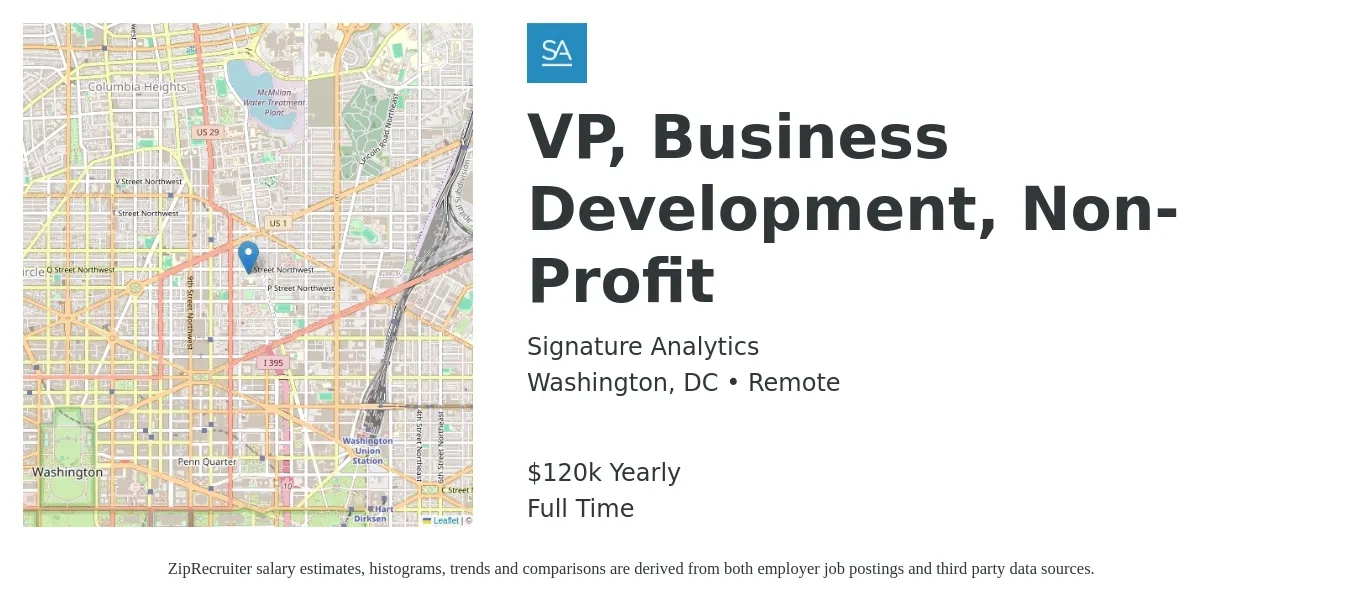 Signature Analytics job posting for a VP, Business Development, Non-Profit in Washington, DC with a salary of $120,000 Yearly with a map of Washington location.