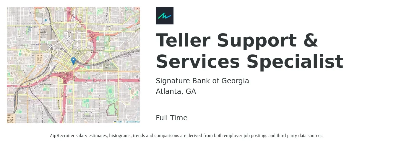 Signature Bank of Georgia job posting for a Teller Support & Services Specialist in Atlanta, GA with a salary of $16 to $19 Hourly with a map of Atlanta location.