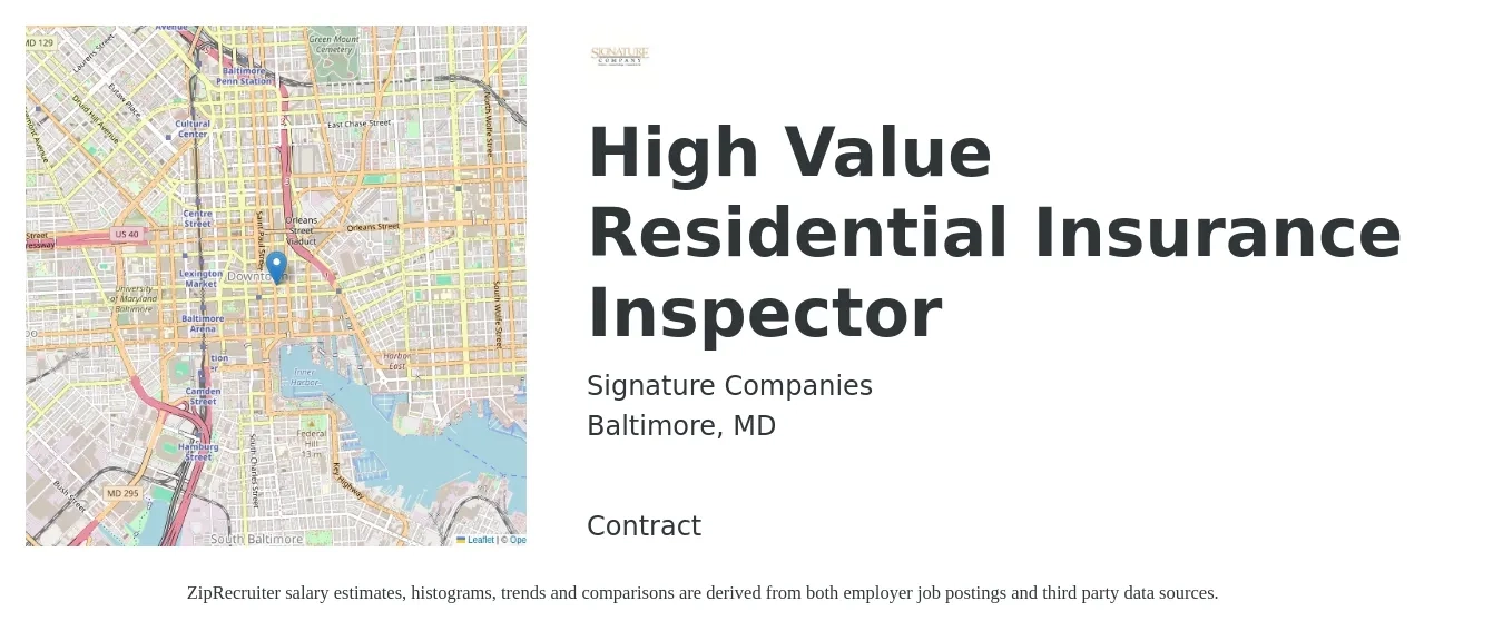 Signature Companies job posting for a High Value Residential Insurance Inspector in Baltimore, MD with a salary of $60,600 to $73,500 Yearly with a map of Baltimore location.