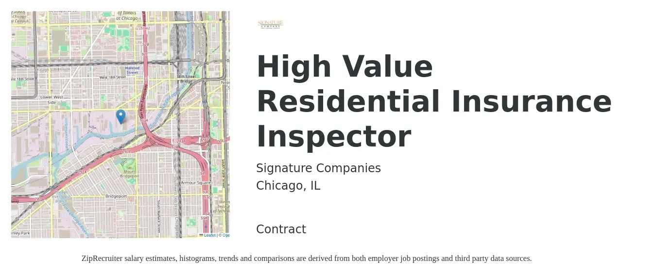 Signature Companies job posting for a High Value Residential Insurance Inspector in Chicago, IL with a salary of $62,900 to $76,300 Yearly with a map of Chicago location.
