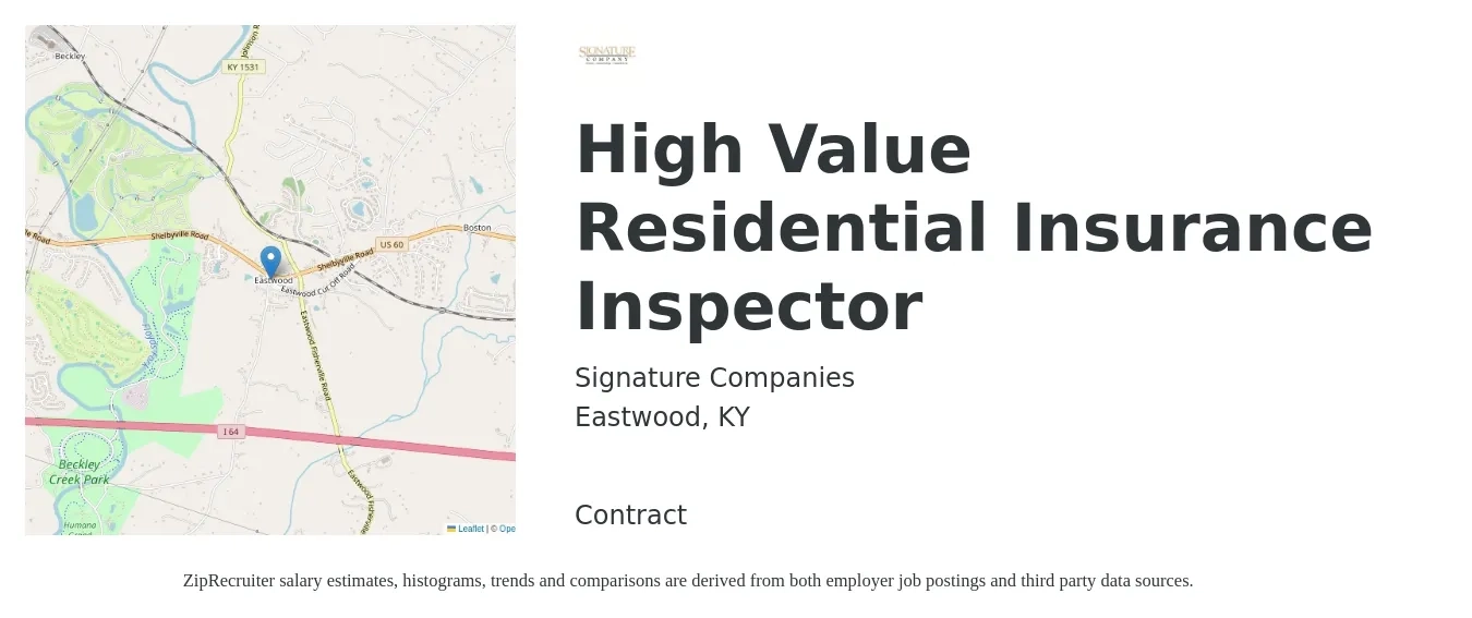Signature Companies job posting for a High Value Residential Insurance Inspector in Eastwood, KY with a salary of $60,600 to $73,500 Yearly with a map of Eastwood location.