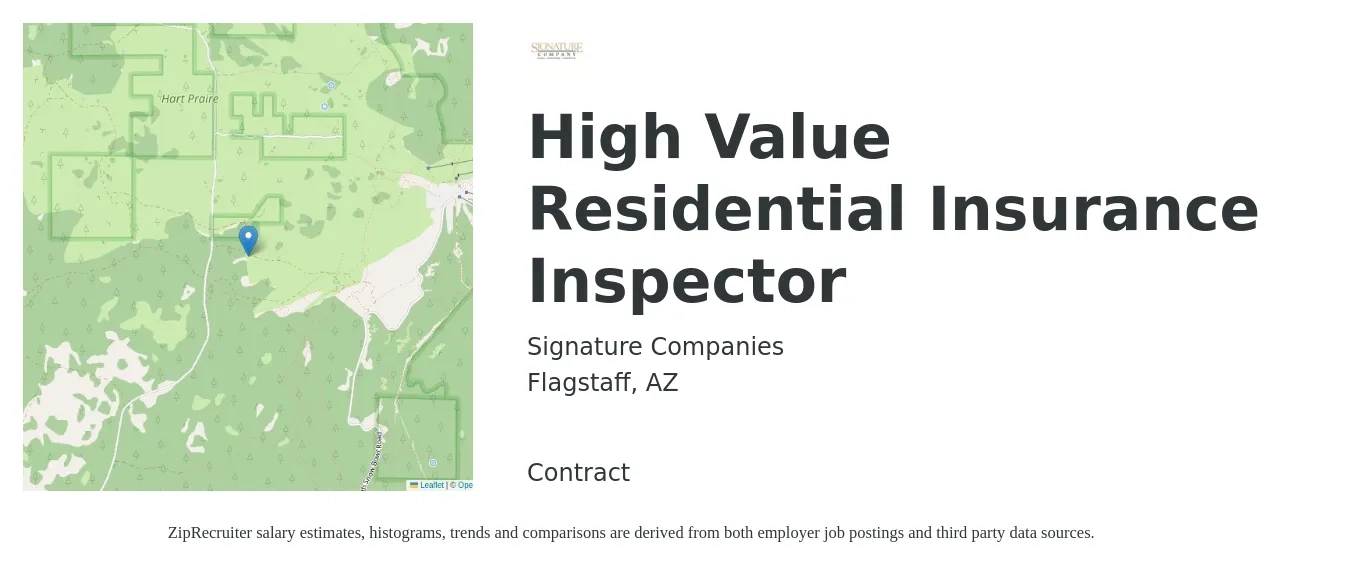 Signature Companies job posting for a High Value Residential Insurance Inspector in Flagstaff, AZ with a salary of $55,400 to $67,200 Yearly with a map of Flagstaff location.