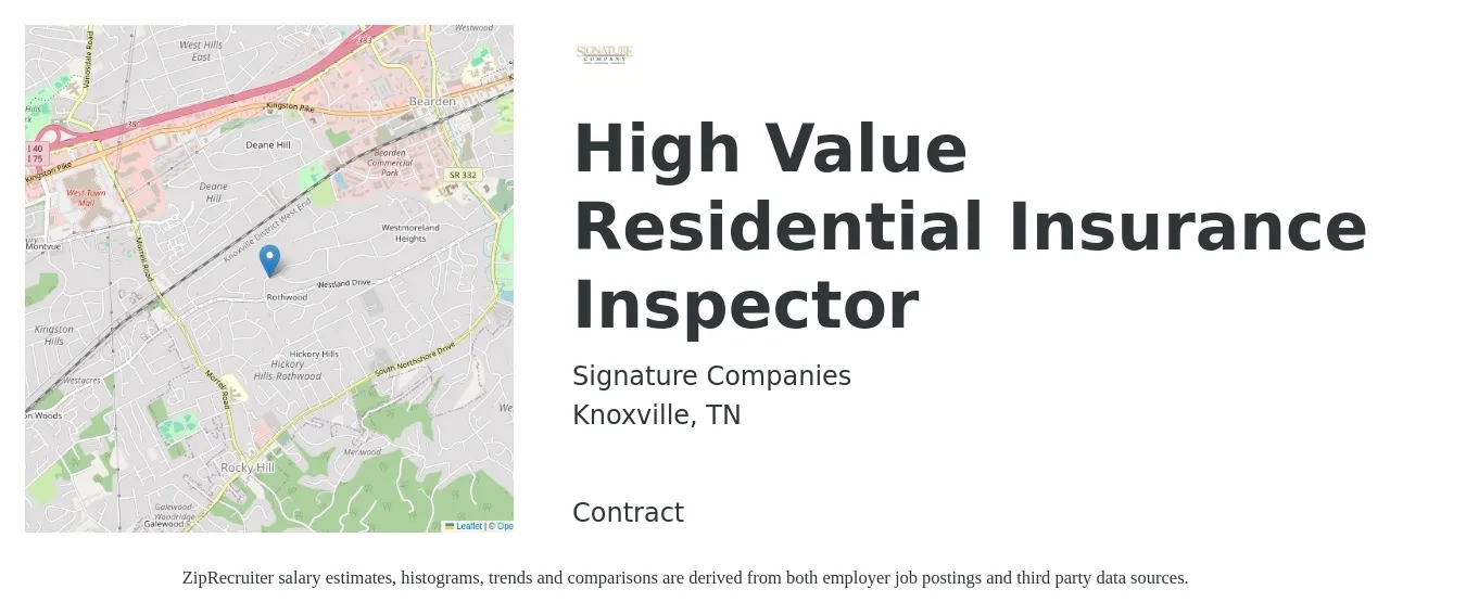 Signature Companies job posting for a High Value Residential Insurance Inspector in Knoxville, TN with a salary of $58,200 to $70,600 Yearly with a map of Knoxville location.