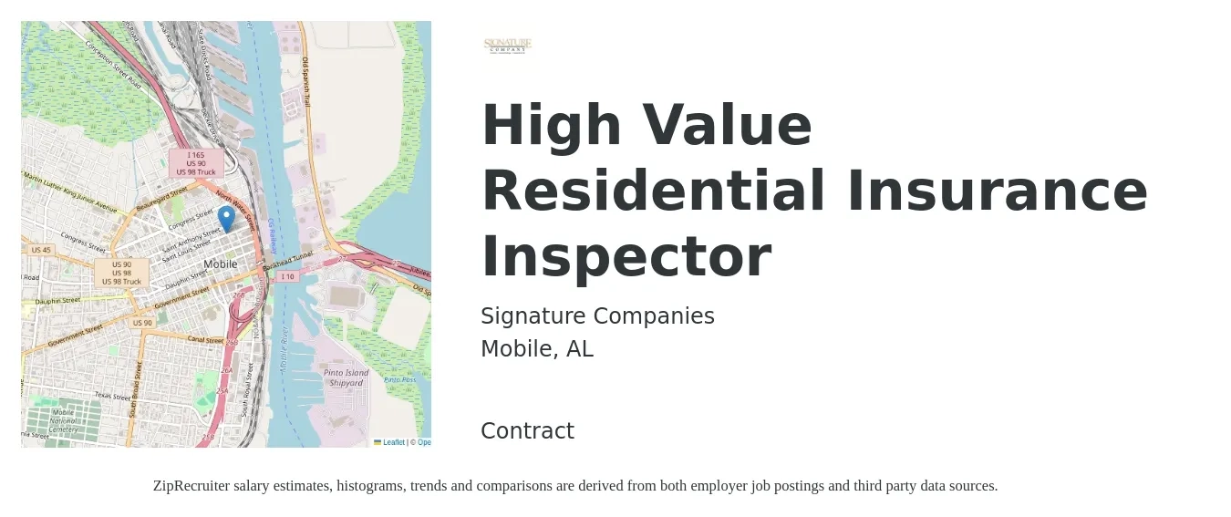 Signature Companies job posting for a High Value Residential Insurance Inspector in Mobile, AL with a salary of $60,500 to $73,400 Yearly with a map of Mobile location.