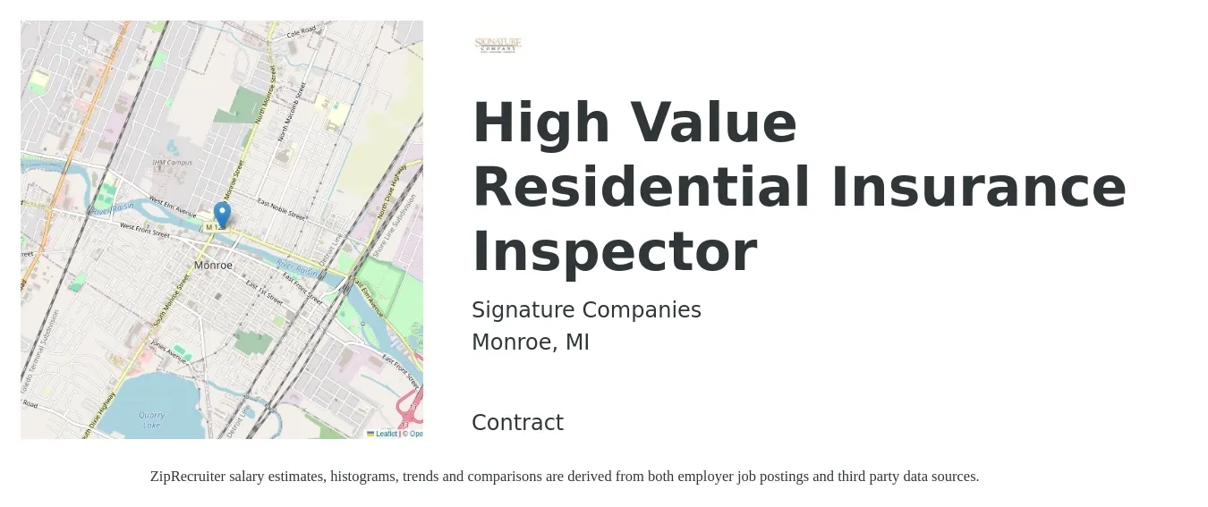 Signature Companies job posting for a High Value Residential Insurance Inspector in Monroe, MI with a salary of $56,500 to $68,500 Yearly with a map of Monroe location.