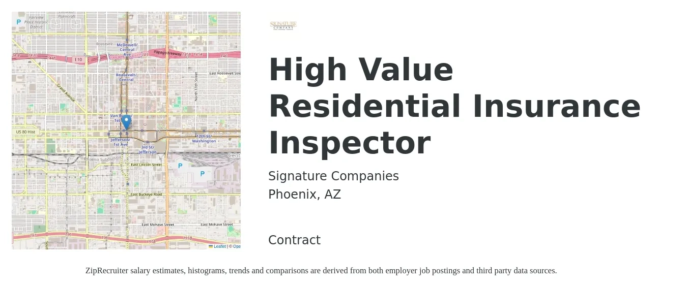 Signature Companies job posting for a High Value Residential Insurance Inspector in Phoenix, AZ with a salary of $60,600 to $73,500 Yearly with a map of Phoenix location.