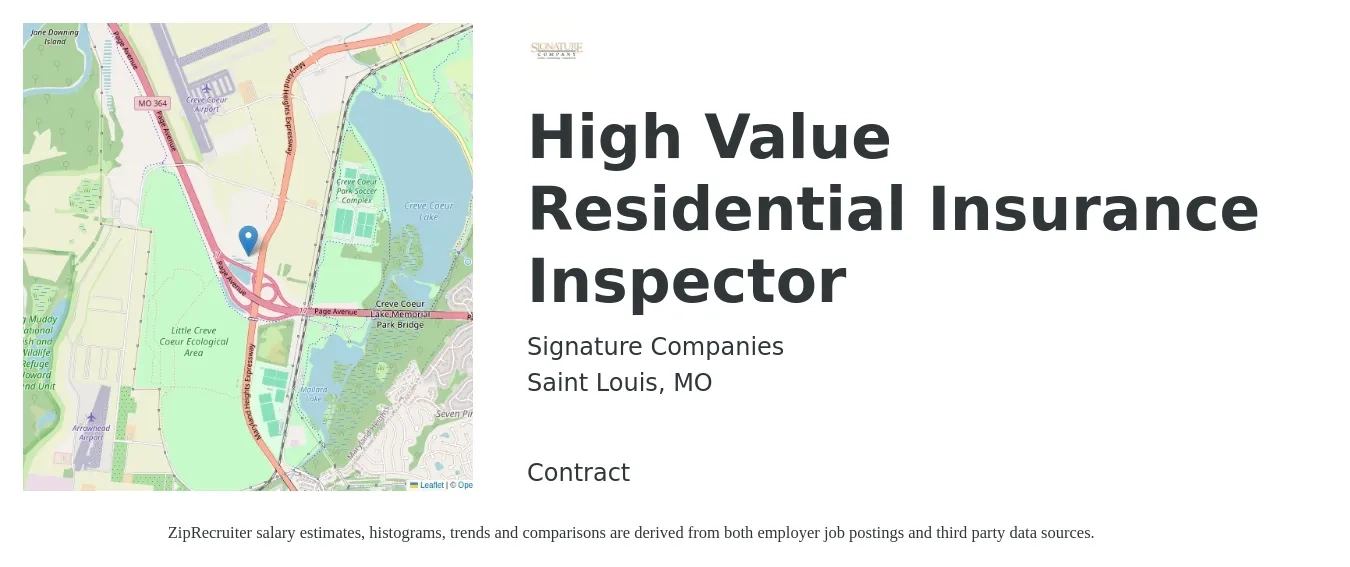 Signature Companies job posting for a High Value Residential Insurance Inspector in Saint Louis, MO with a salary of $57,100 to $69,300 Yearly with a map of Saint Louis location.