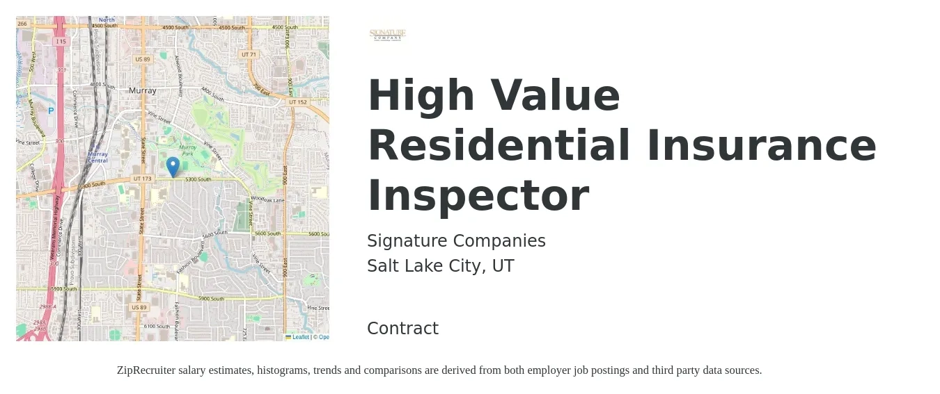 Signature Companies job posting for a High Value Residential Insurance Inspector in Salt Lake City, UT with a salary of $59,000 to $71,600 Yearly with a map of Salt Lake City location.