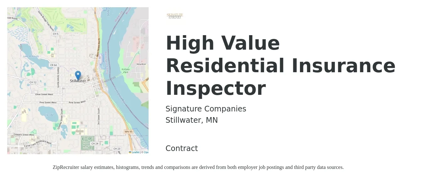 Signature Companies job posting for a High Value Residential Insurance Inspector in Stillwater, MN with a salary of $63,600 to $77,200 Yearly with a map of Stillwater location.
