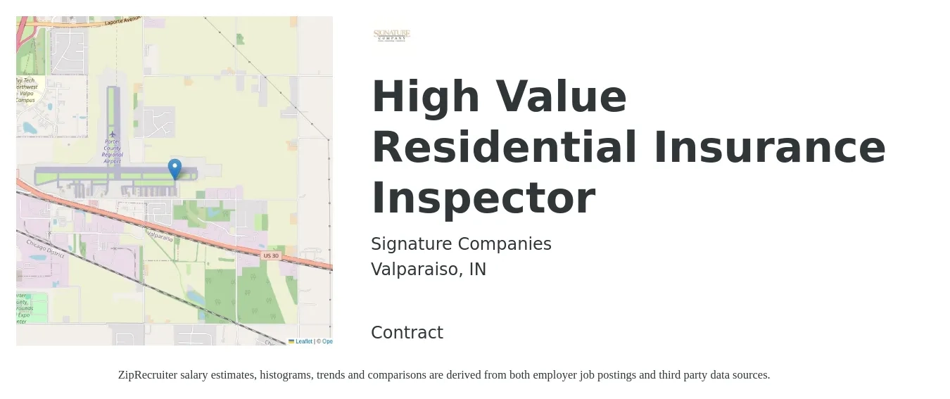 Signature Companies job posting for a High Value Residential Insurance Inspector in Valparaiso, IN with a salary of $52,000 to $63,000 Yearly with a map of Valparaiso location.