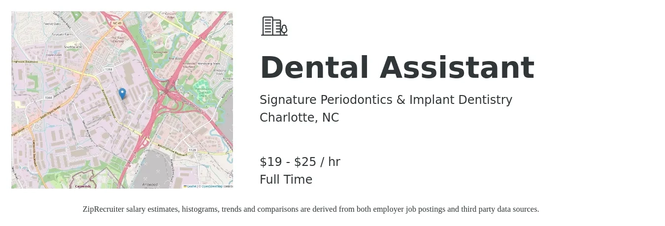Signature Periodontics & Implant Dentistry job posting for a Dental Assistant in Charlotte, NC with a salary of $20 to $27 Hourly with a map of Charlotte location.