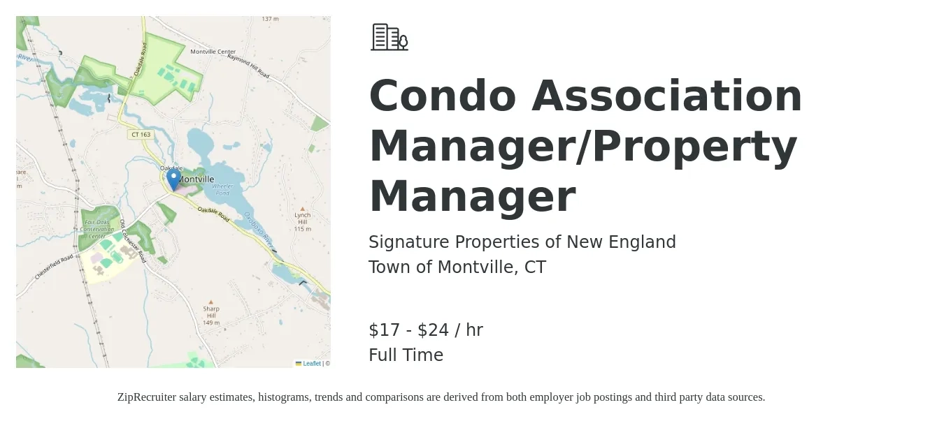 Signature Properties of New England job posting for a Condo Association Manager-Property Manager in Town of Montville, CT with a salary of $18 to $25 Hourly with a map of Town of Montville location.