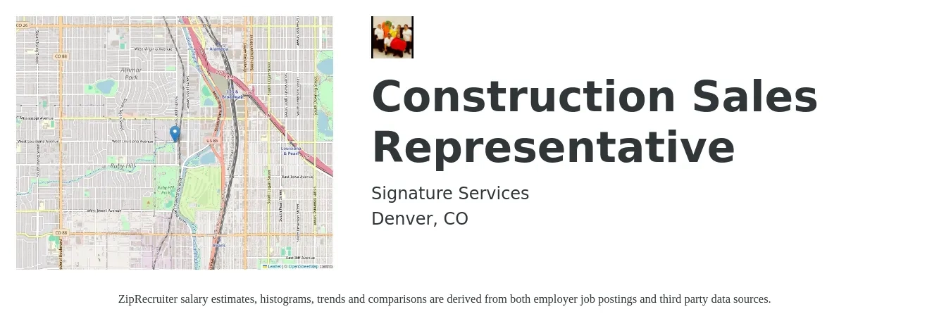 Signature Services job posting for a Construction Sales Representative in Denver, CO with a salary of $5,000 to $7,500 Monthly with a map of Denver location.