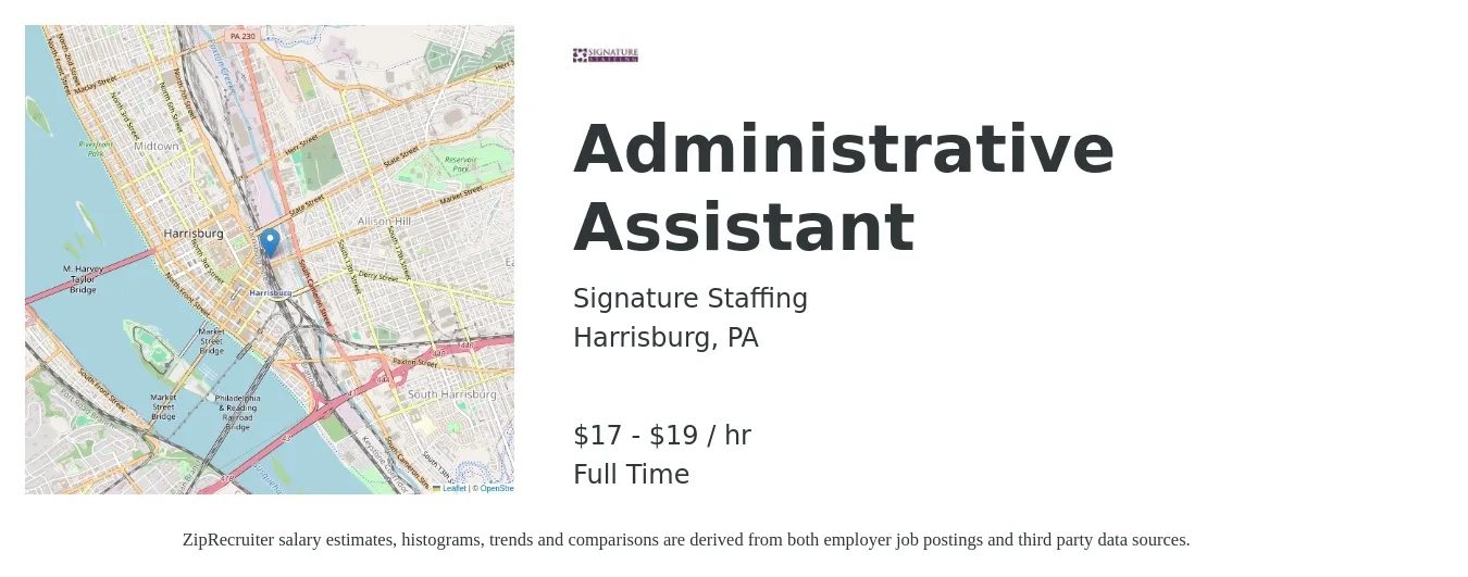 Signature Staffing job posting for a Administrative Assistant in Harrisburg, PA with a salary of $18 to $20 Hourly with a map of Harrisburg location.