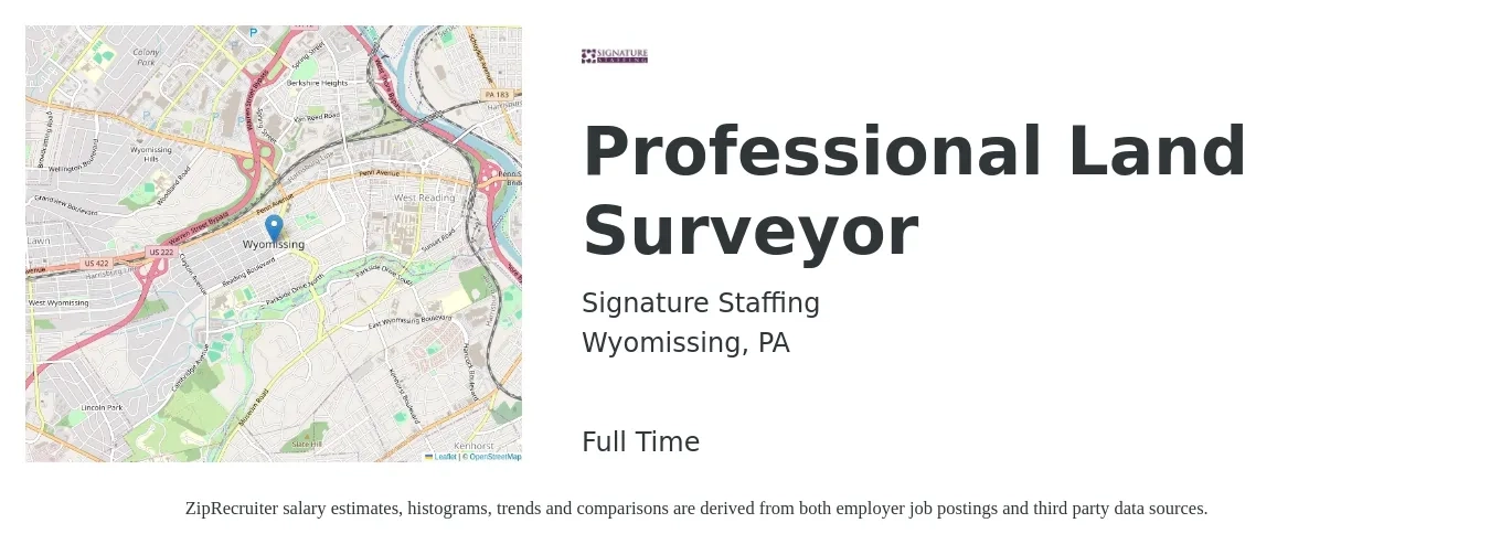 Signature Staffing job posting for a Professional Land Surveyor in Wyomissing, PA with a salary of $50,600 to $88,100 Yearly with a map of Wyomissing location.